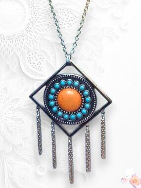 Large Boho Silver Tone Diamond Pendant Necklace Orange Cabochon 489